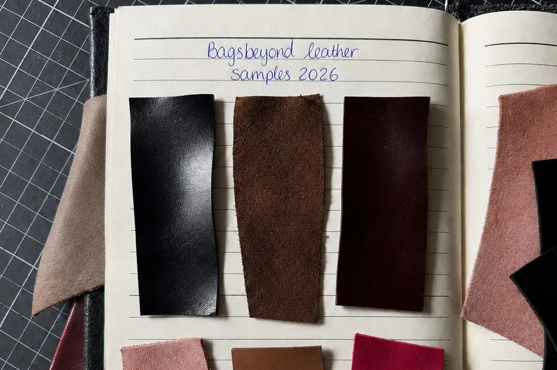 Leather samples in various colors arranged on a notebook titled 'Bagsbeyond leather samples 2026'.