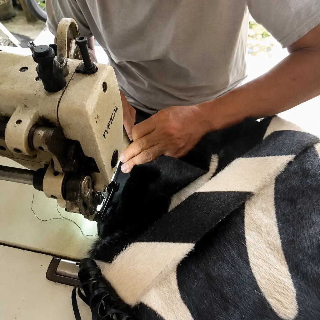 person sewing a zebra patterned bag 